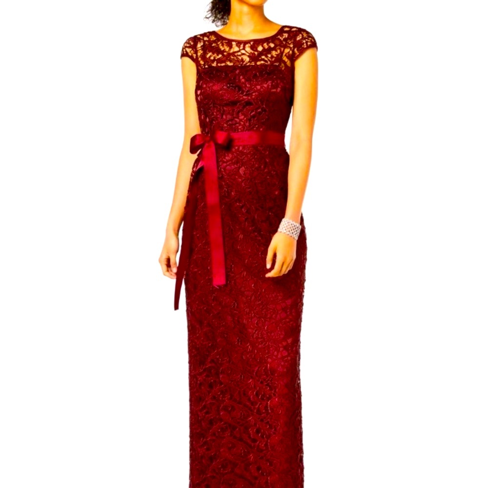 Adrianna Papell Women's Cap Sleeve Illusion Lace Gown in Cherry.